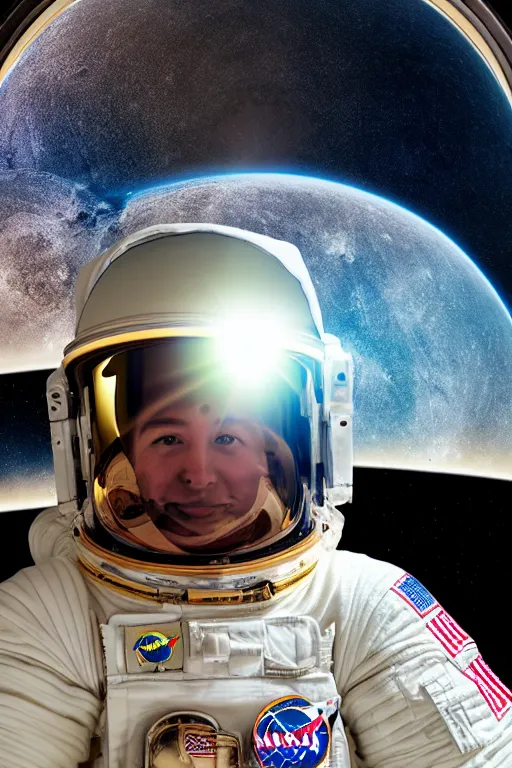 Image similar to extremely detailed studio portrait of space astronaut, holds an iphone in one hand, iphone held up to visor, reflection of iphone in visor, moon, extreme close shot, soft light, golden glow, award winning photo by nasa