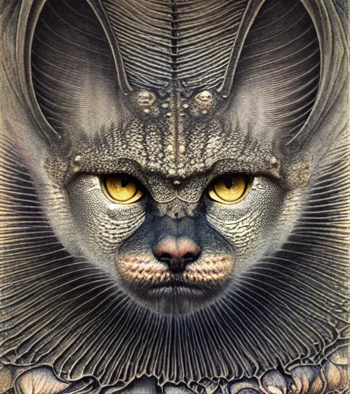 Image similar to detailed realistic beautiful manul face portrait by jean delville, gustave dore, iris van herpen and marco mazzoni, art forms of nature by ernst haeckel, art nouveau, symbolist, visionary, gothic, neo - gothic, pre - raphaelite, fractal lace, intricate alien botanicals, ai biodiversity, surreality, hyperdetailed ultrasharp octane render