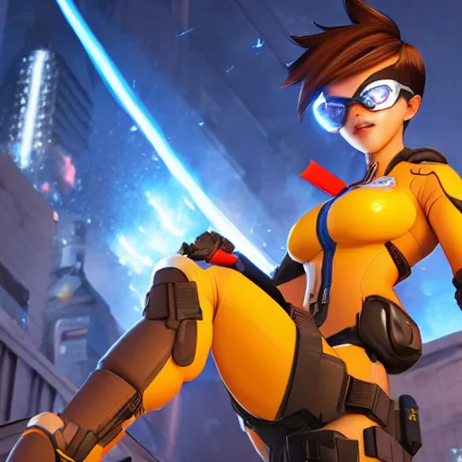 Image similar to tracer, standing on rooftop, 4 k, detailed, smiling at camera, detailed eyes, confident stance, detailed face, feminine face, burning exploding city in background