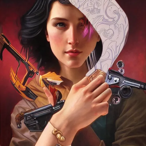 Image similar to a portrait painting of a gunslinger fantasy lady, highly detailed, art by tristan eaton and artgerm and william - adolphe bouguereau