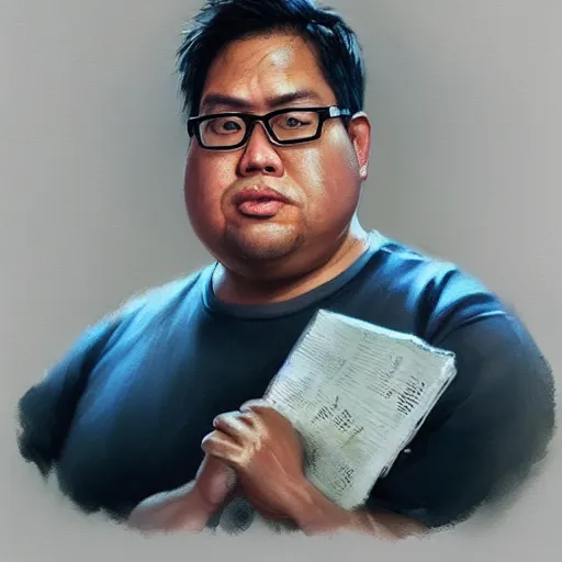 Image similar to hyper realistic, portrait of filipino dwight shrute, extremely obese painted by greg rutkowski, wlop, loish,