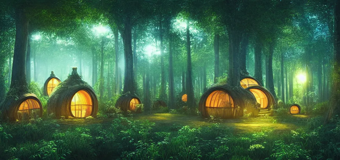 Image similar to beautiful forest, round forest houses with glowing round windows, ray tracing, fireflies, mystical feeling, detailed, digital art