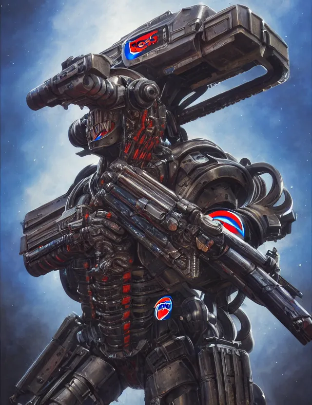 Image similar to a portrait of a tactical exoskeleton with miniguns painted with the pepsi logo, by moebius and tyler edlin and hr giger, trending on artstation, digital art, 4 k resolution, detailed, high quality, sharp focus, hq artwork, coherent, insane detail, concept art