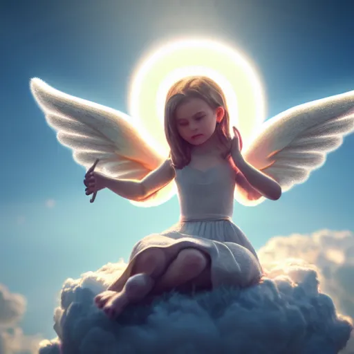 Image similar to photo of cute angel with a halo sitting on a cloud, ultra realistic, concept art, intricate details, highly detailed, photorealistic, octane render, 8 k, unreal engine,