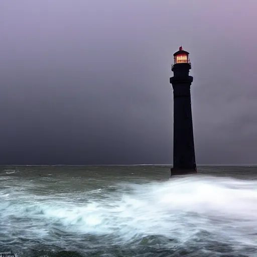 Image similar to stormy ocean at midnight, dark storm clouds overhead, lighthouse in the background concealed by fog, hurricane, dark midnight sky