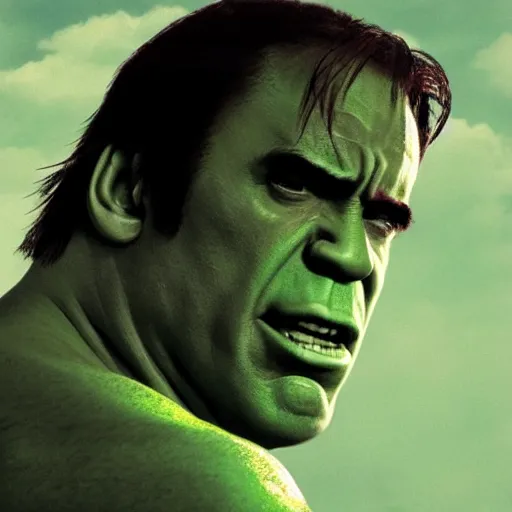 Image similar to nicholas cage as the hulk, gritty portrait, film still