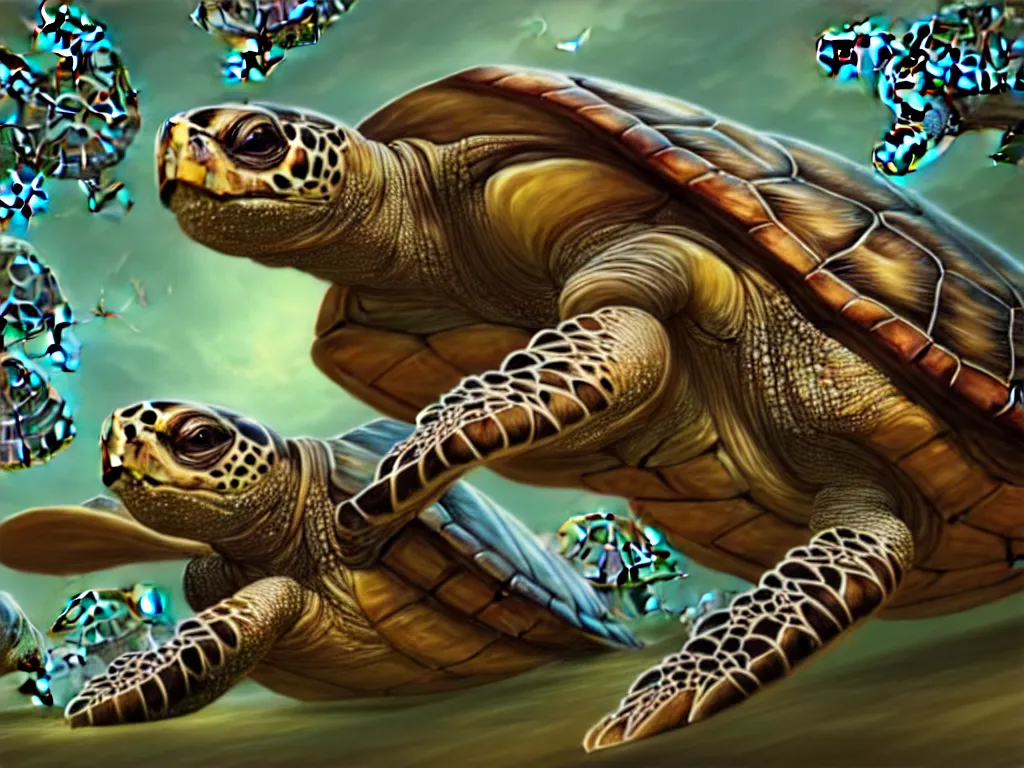 Prompt: turtles all the way down, fantasy, intricate, highly detailed, digital painting, artstation, concept art, smooth and sharp focus