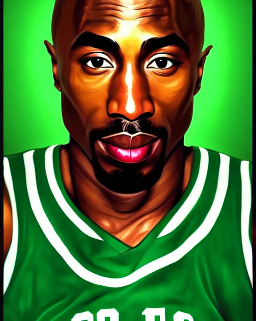 Image similar to portrait of tupac shakur, boston celtics jersey number 3 4, green, white, cartoon digital art, oil on canvas, trending on artstation, octane render