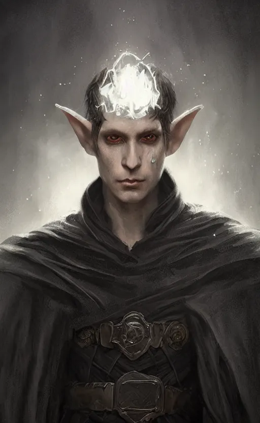 Image similar to Portrait of an elf in a black cloak, black hair, glowing eyes, male, detailed face, fantasy, highly detailed, cinematic lighting, digital art painting by greg rutkowski