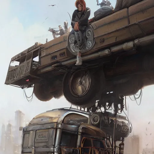 Prompt: a highly detailed epic cinematic concept art CG render digital painting artwork: the back of a steampunk truck in motion. girl in grey hoodie catches a ride on the back of a truck. By Greg Rutkowski, Ilya Kuvshinov, WLOP, Stanley Artgerm Lau, Ruan Jia and Fenghua Zhong, trending on ArtStation, made in Maya, Blender and Photoshop, octane render, excellent composition, cinematic atmosphere, dynamic dramatic cinematic lighting, aesthetic, very inspirational, arthouse