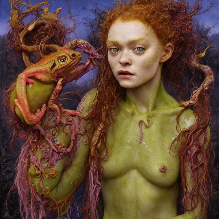 Image similar to a portrait photograph of sadie sink as a brightly colored satyr amphibian hybrid with wet mutated skin. wearing a catsuit many body modifications. by tom bagshaw, donato giancola, hans holbein, walton ford, gaston bussiere, brian froud, peter mohrbacher and magali villeneuve. 8 k, cgsociety