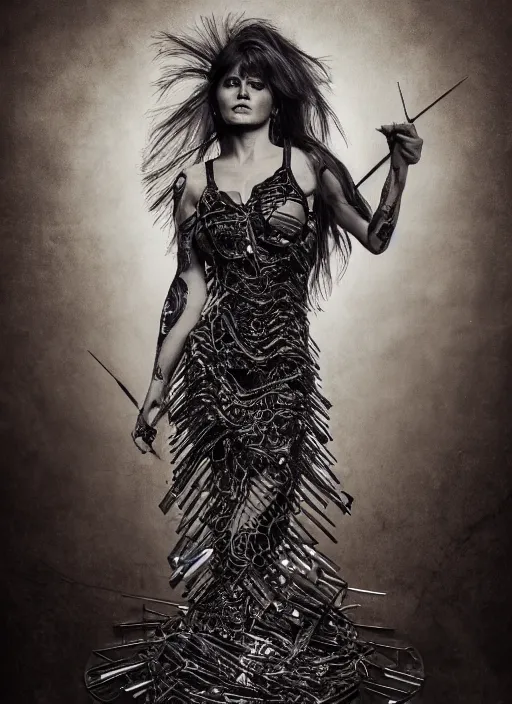 Image similar to expressive full body photo of 2 0 years old bridget bardot, dress made of steel blades, glamour shot, by karol bak, stefan gesell, photorealistic, nikon d 4 x, fashion photography, hyper maximalist, elegant, ornate, luxury, elite, environmental portrait, symmetrical features, octane render, unreal engine, solid dark grey background, dramatic lights