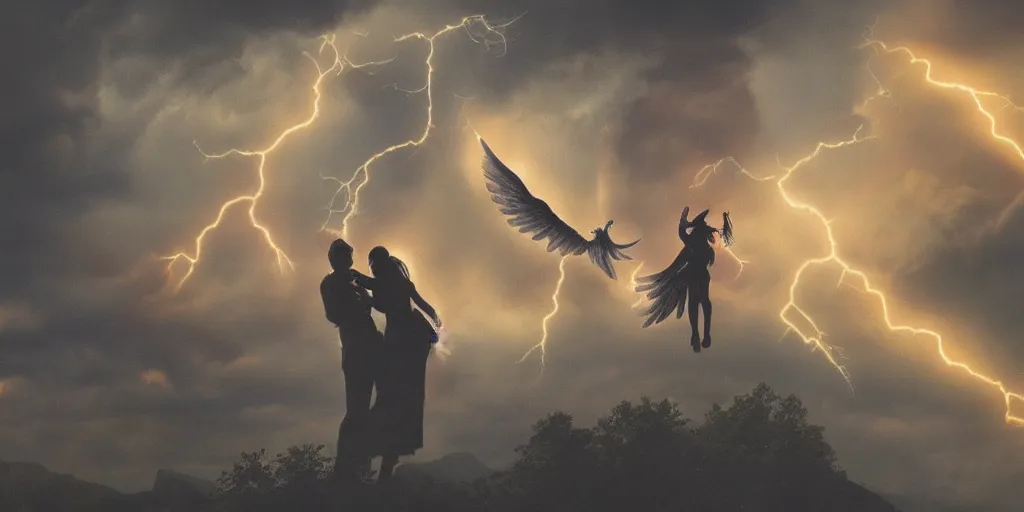 Image similar to young couple falling through clouds, winged angel & demon with tail battling hugging kissing. background clouds, illuminated by lightning and fire