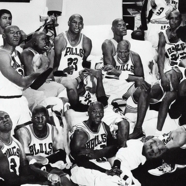 Prompt: Michael Jordan on a couch surrounded by 5 other Michael Jordan\'s, 4k hd, sharp, backlit, gorgeous lighting