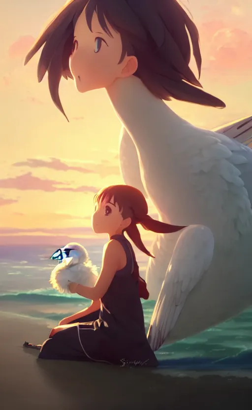 Image similar to front portrait of cute girl hugging a white swan, sunset sky in background, beach landscape, illustration concept art anime key visual trending pixiv fanbox by wlop and greg rutkowski and makoto shinkai and studio ghibli and kyoto animation, futuristic wheelchair, symmetrical facial features, backlit