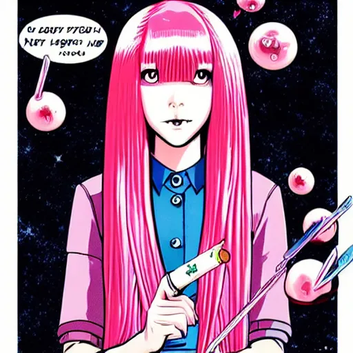 Image similar to realistic dark retro pulp sci - fi colored manga illustration of princess bubblegum by junji ito, with pink hair made of bubblegum, confident scientist performing experiments in her lab