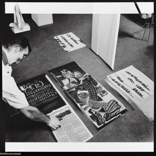 Prompt: a _ black _ and _ white _ photography _ of _ an _ exhibition _ space _ with _ objects _ of _ sun _ ra _ indigenous _ artifacts _ and _ marcel _ duchamp _ 6 0 s _ offset _ lithography _ print _ newspaper _