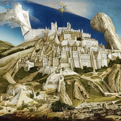 Image similar to Minas Tirith by Bruege and Hokusail, masterpiece