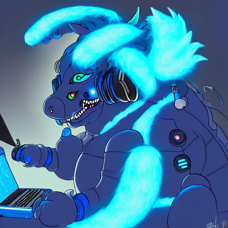 Image similar to a chubby anthropomorphic male blue dragon fursona wearing a cybernetic suit, headphones on his head, laptop, cyberpunk, furry, vivid saturation, oil on canvas, digital art, soft lighting