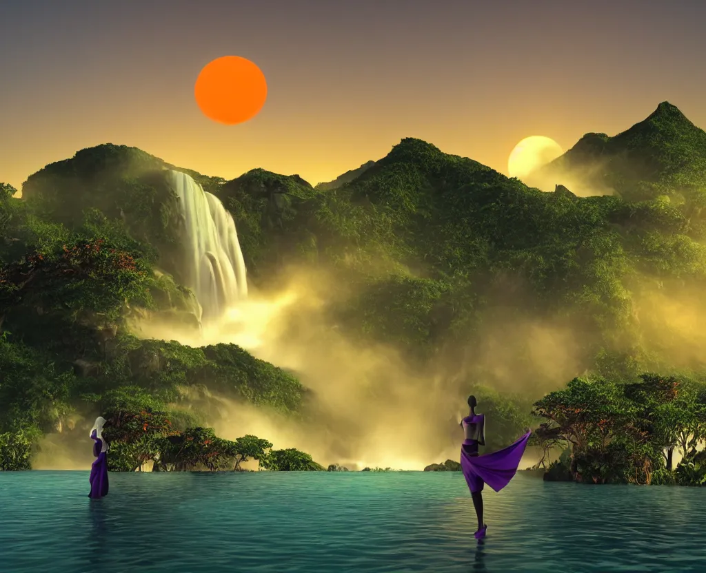 Image similar to a low-poly render of a big purple hand holding the orange setting sun on the ocean horizon. a green tinted transparent beckoning lady in front of a waterfall. a cream colored abandoned building featuring two statues and pitch black periphery. a prehistoric jungle scene with a mountain in the background.