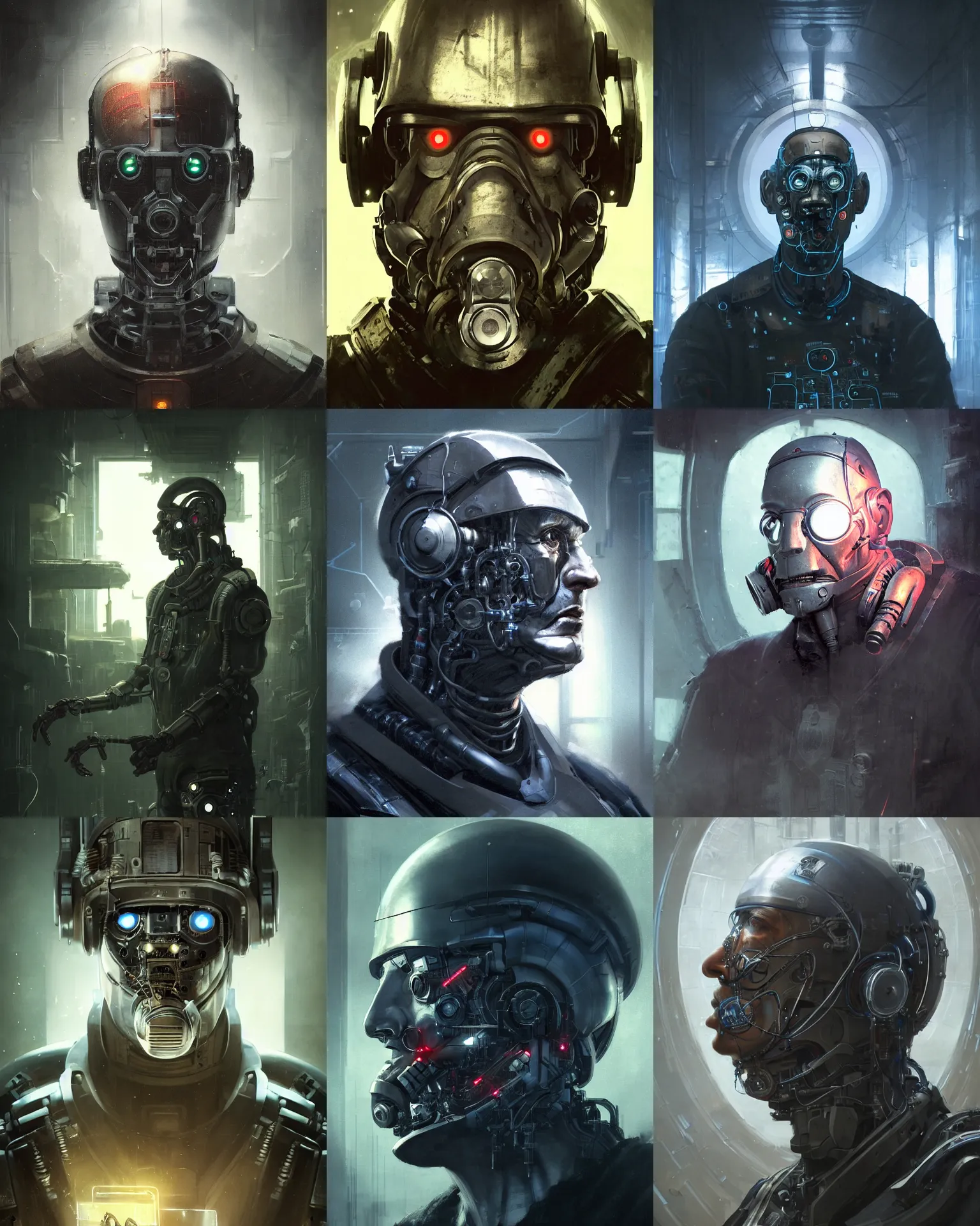 Prompt: a half - masked middle aged laboratory overseer man with cybernetic enhancements as seen from a distance, scifi character portrait by greg rutkowski, esuthio, craig mullins, 1 / 4 headshot, cinematic lighting, dystopian scifi gear, gloomy, profile picture, mechanical, cyborg, half robot, implants, dieselpunk