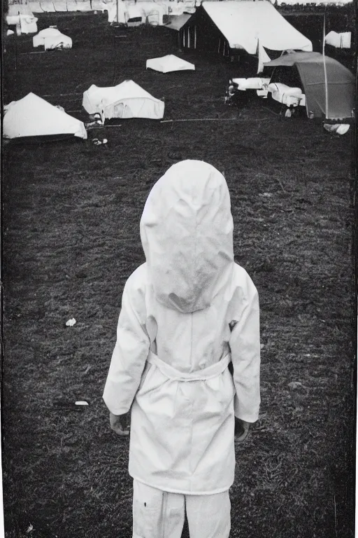 Image similar to photo polaroid of a sad and lonely child in a white coat and barefoot stands in the middle from behind the camera many big tents of field hospitals, pandemic, covid, loneliness, black and white ,photorealistic, 35mm film,