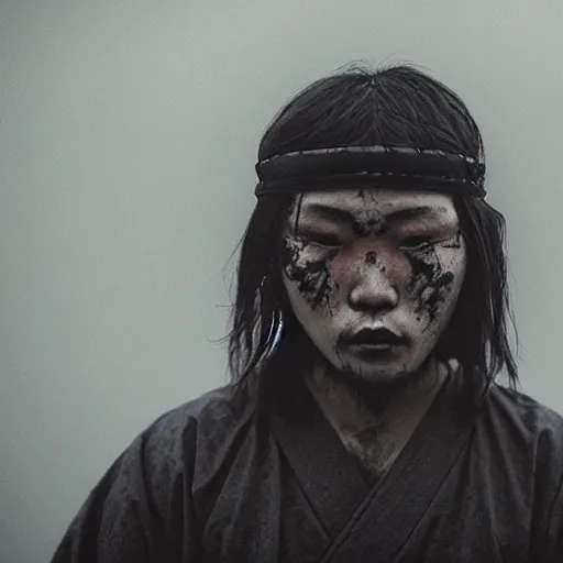 Prompt: samurai portrait by Sean Yoro and Chie Yoshi, dark, moody, washed colors, detailed