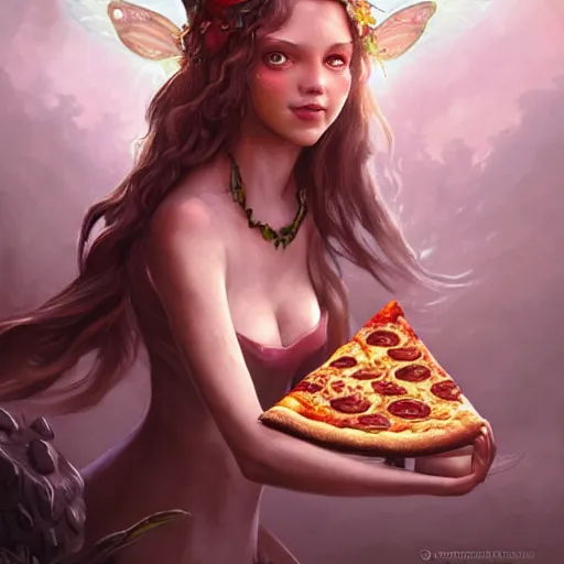 Prompt: a pizza with a fairy head topping, fantasy art, illustration, amazing detail, in the style of greg rutkowski, artgerm, cgsociety