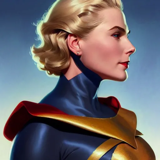 Prompt: Grace Kelly as Power Girl, western, D&D, fantasy, intricate, elegant, highly detailed, digital painting, artstation, concept art, matte, sharp focus, illustration, art by Artgerm and Greg Rutkowski and Alphonse Mucha