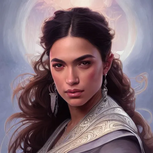 Prompt: portrait of a beautiful thick female, alexandria ocasio-cortez face, D&D, fantasy, intricate, elegant, highly detailed, digital painting, artstation, concept art, smooth, sharp focus, illustration, art by artgerm and greg rutkowski and alphonse mucha