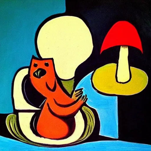 Prompt: picasso painting of a cute creature sitting next to a mushroom, detailed, realistic