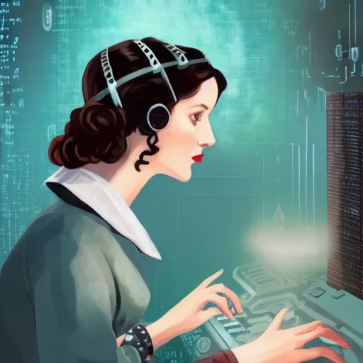 Prompt: Ada Lovelace coding on a quantum computer, retro science fiction vintage art, trending on artstation