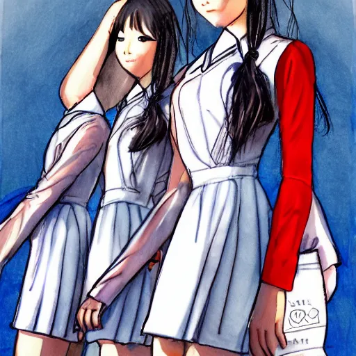 Prompt: a perfect, realistic professional digital sketch of a Japanese schoolgirls posing near a nuclear plant, style of Marvel, full length, by pen and watercolor, by a professional American senior artist on ArtStation, a high-quality hollywood-style sketch, on high-quality paper