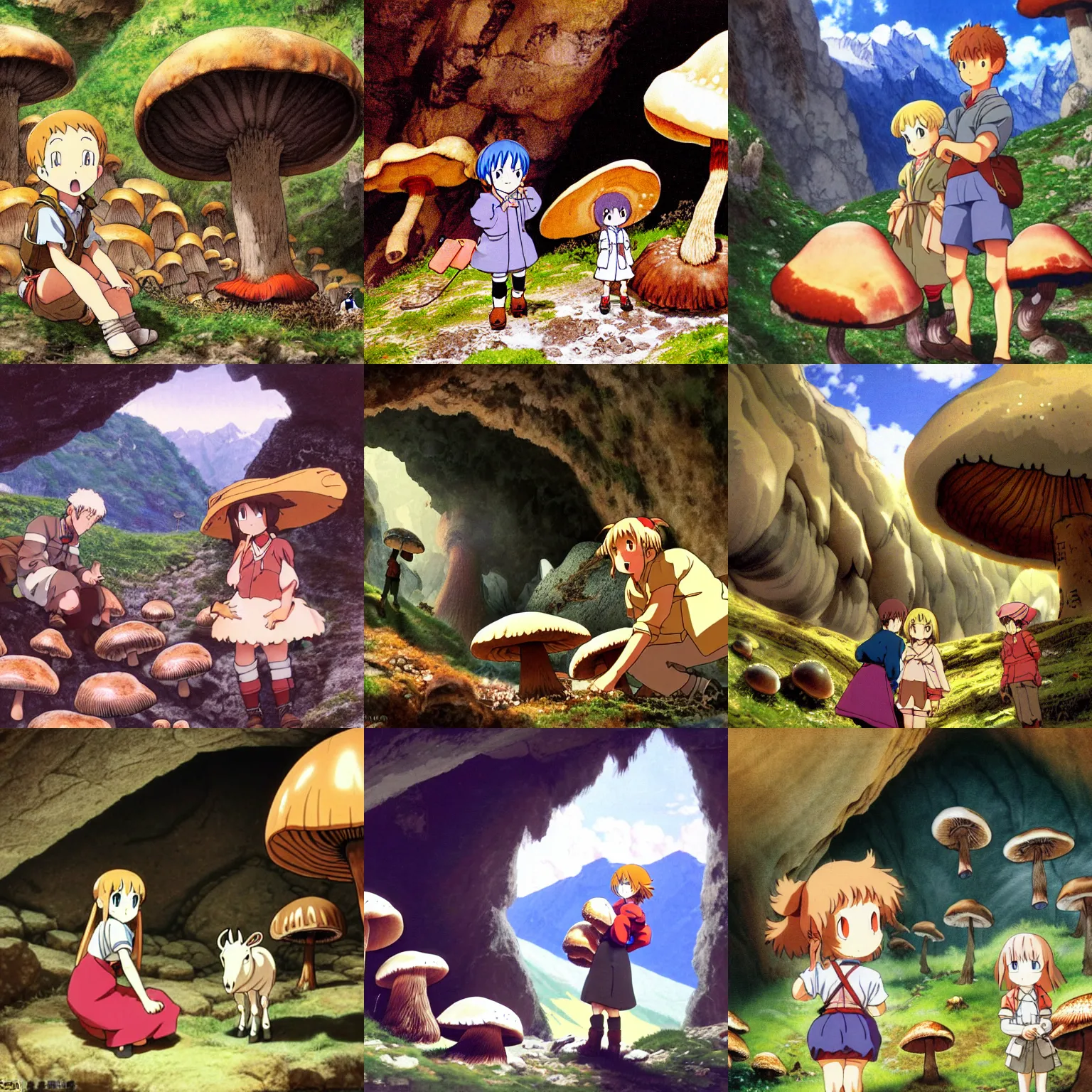 Prompt: heidi, girl of the alps, and peter and the goat, discovering giant mushrooms in a cave in the alps, by hayao myazagi, anime still, very detailed, low light, cute, cozy, nature