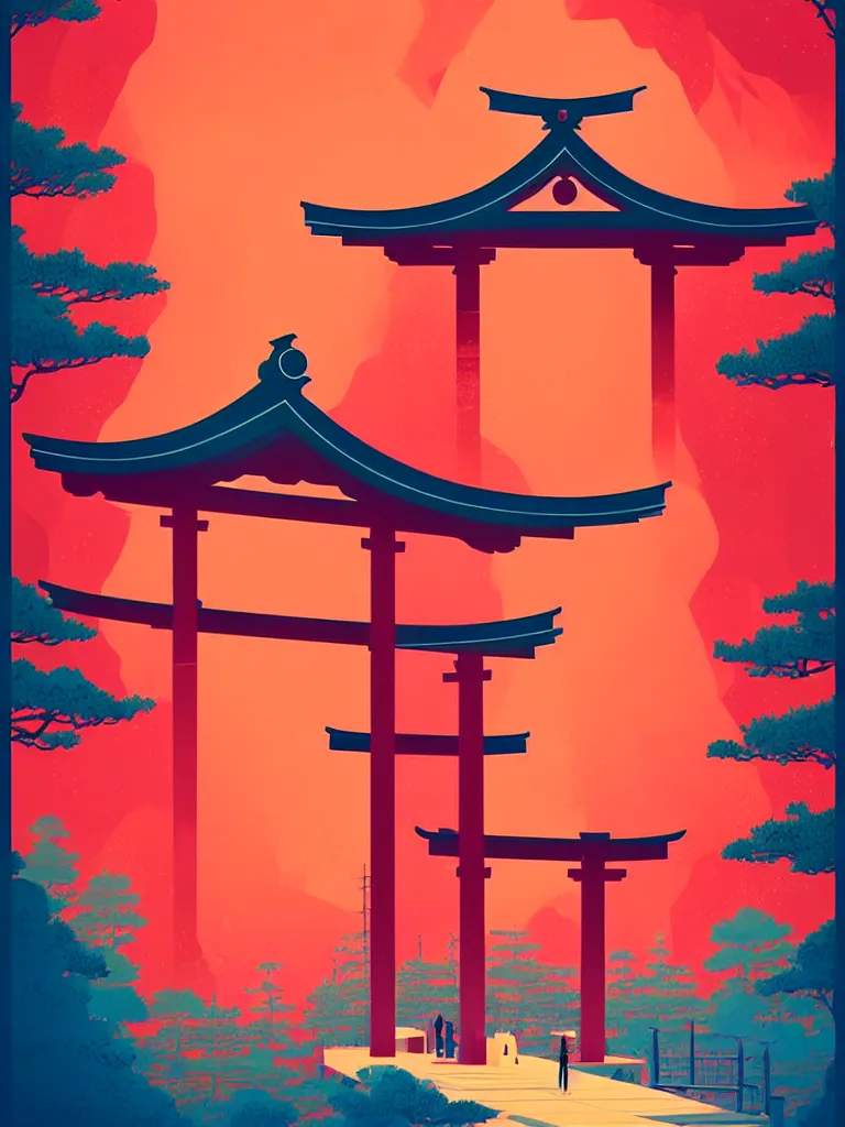 Prompt: a travel poster illustration depicting a japanese torii gate, vintage style, detailed illustration, digital painting, vector art, trending on artstration, by anton fadeev, by alena aenami