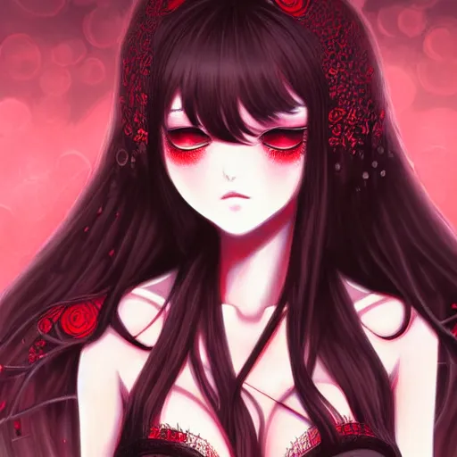 Image similar to beautiful seductive female spirit, sleeping, highly detailed, painting, dark red and black color palette, intricate, high quality anime artstyle, in the style of sana takeda