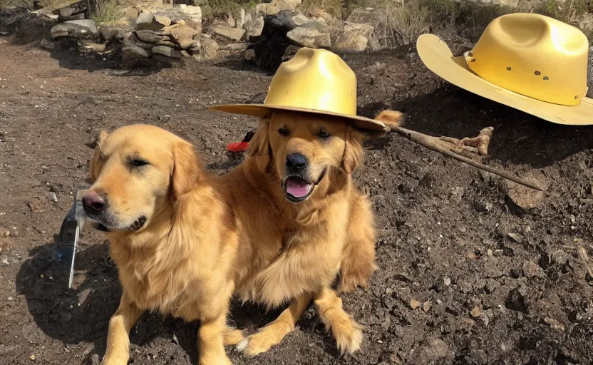 Prompt: photo of a golden retriever in a gold mine wearing a western hat and finding gold nuggets with a pickaxe