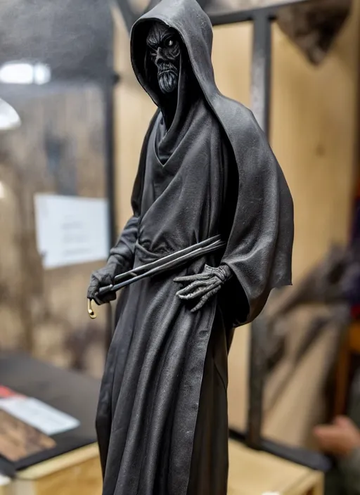 Image similar to photo taken of an epic intricate, ultra detailed, super realistic sculpture of a timeless hooded grim reaper sculpture on display in a workshop, created by weta, low angle, photorealistic, sharp focus, f 0. 4, golden ratio