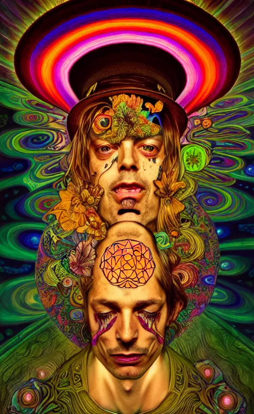 Image similar to An extremely psychedelic celestial larry harvey in his hat, colorful, surreal, dramatic lighting, magic mushrooms, psilocybin, LSD, face, detailed, intricate, elegant, highly detailed, digital painting, artstation, concept art, smooth, sharp focus, illustration, art by Krenz Cushart and Artem Demura and alphonse mucha