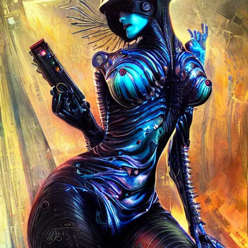 Image similar to a full body beautiful woman wearing a cyberpunk outfit by karol bak, ayami kojima, artgerm, sakimichan, hr giger, blue eyes, weapons, electronics, high tech, concept art, fantasy