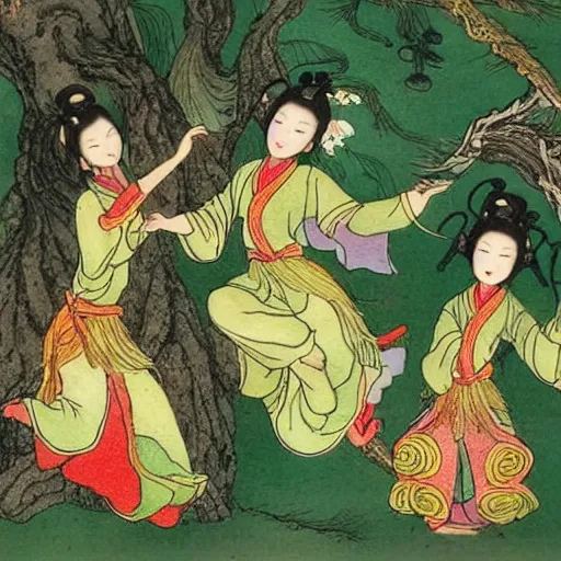 Prompt: chinese fairytale story of ginseng fairies playing and jumping around in the deep forest