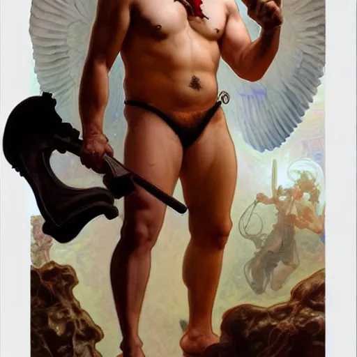 Image similar to a full body portrait of colonel sanders the greek god!! in hell!!! fighting rednecks!!! extremely beautiful, anatomically accurate, by artgerm and by greg rutkowski and by alphonse mucha and by simon bisley, radiant light, detailed and intricate environment,