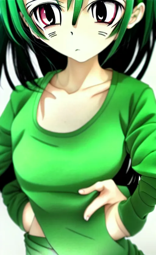 Prompt: anime girl with a detailed face and black hair in a green outfit, full body, trending, low angle, worms eye view, illustration,