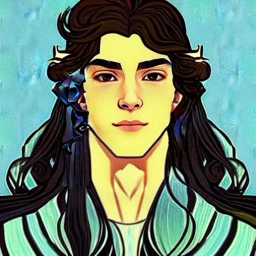 Image similar to painting of young handsome beautiful paladin elf! man with long wavy dark hair in his 2 0 s named shadow taehyung at the blueberry party, wearing armor!, elegant, clear, painting, stylized, delicate, soft facial features, art, art by alphonse mucha, vincent van gogh, egon schiele,