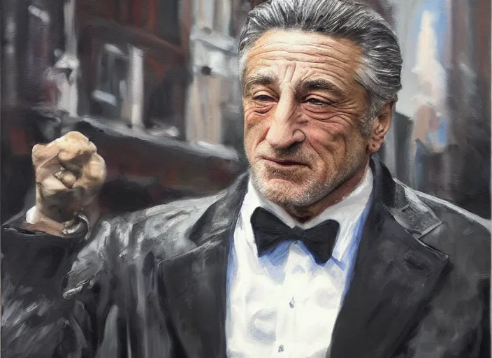 Image similar to a hyper-detailed oil painting of Robert DeNiro; an extraordinary masterpiece!!!; flawless; photorealistic; trending on artstation; f/1.4; 90mm