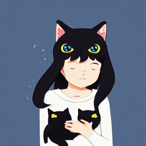 Prompt: girl with black cat, sticker, white background, by rossdraws, ghibli