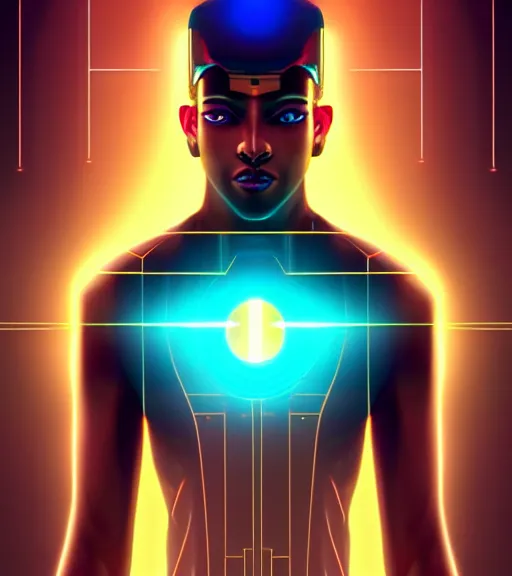 Image similar to symmetry!! egyptian god of technology, solid cube of light, hard edges, product render retro - futuristic poster scifi, lasers and neon circuits, brown skin handsome egyptian god, intricate, elegant, highly detailed, digital painting, artstation, concept art, smooth, sharp focus, illustration, dreamlike, art by artgerm