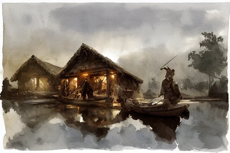 Prompt: abstract watercolor painting of hedonic scandinavian king house, in stone, straw roof, war lord, magical and traditional, reflective river, cinematic light, national romanticism by anders zorn, by greg rutkowski, by greg manchess
