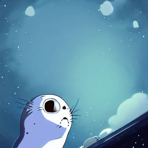 Image similar to terrified baby harp seal astronauts floating into deep space, stars in the background, scary, atey ghailan, goro fujita, studio ghibli, dark lighting, clear focus, very coherent,