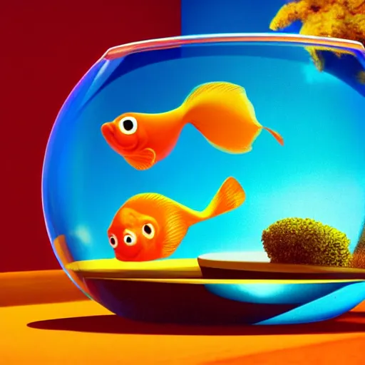 Prompt: a cinematic fill still from a 2021 Pixar movie where an anthropomorphic goldfish lives in a giant fishbowl mansion, in the style of Pixar, shallow depth of focus